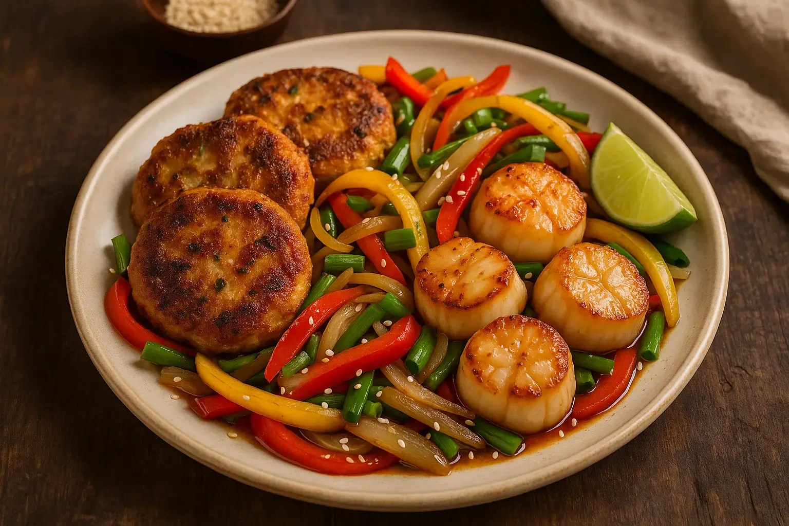 Golden fishcakes and seared scallops with colorful stir-fried vegetables on a ceramic plate