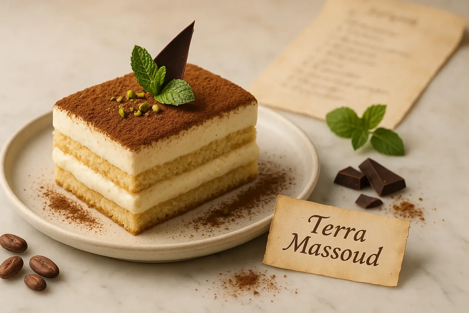 A high-resolution image of a layered Terra Massoud dessert with cream and sponge, topped with cocoa powder, mint, pistachio, and a chocolate shard. The dish is beautifully presented on a marble surface with scattered cocoa beans, chocolate, and a handwritten recipe scroll.