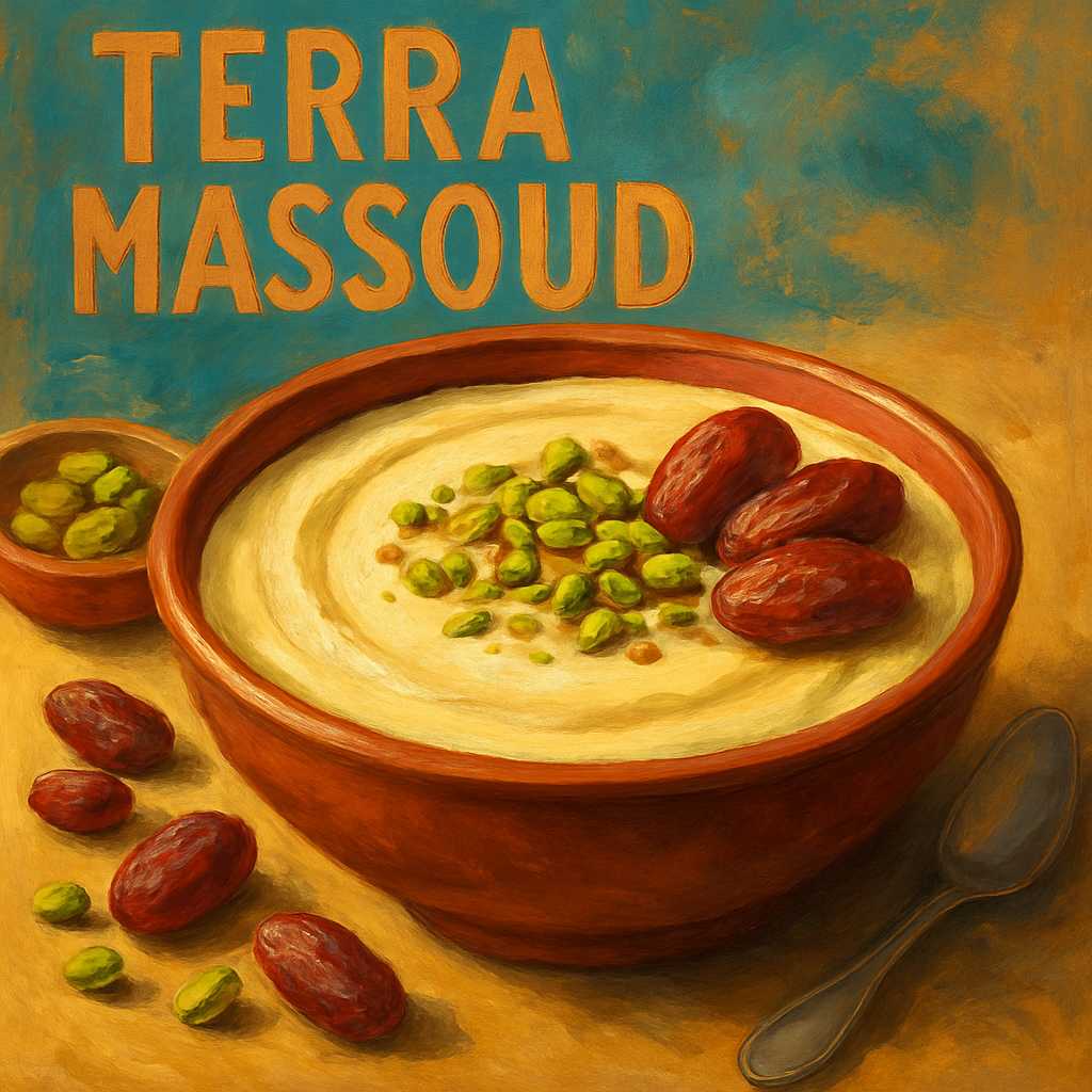 Minimalist conceptual illustration representing Terra Massoud recipe with warm kitchen tones, digital art style