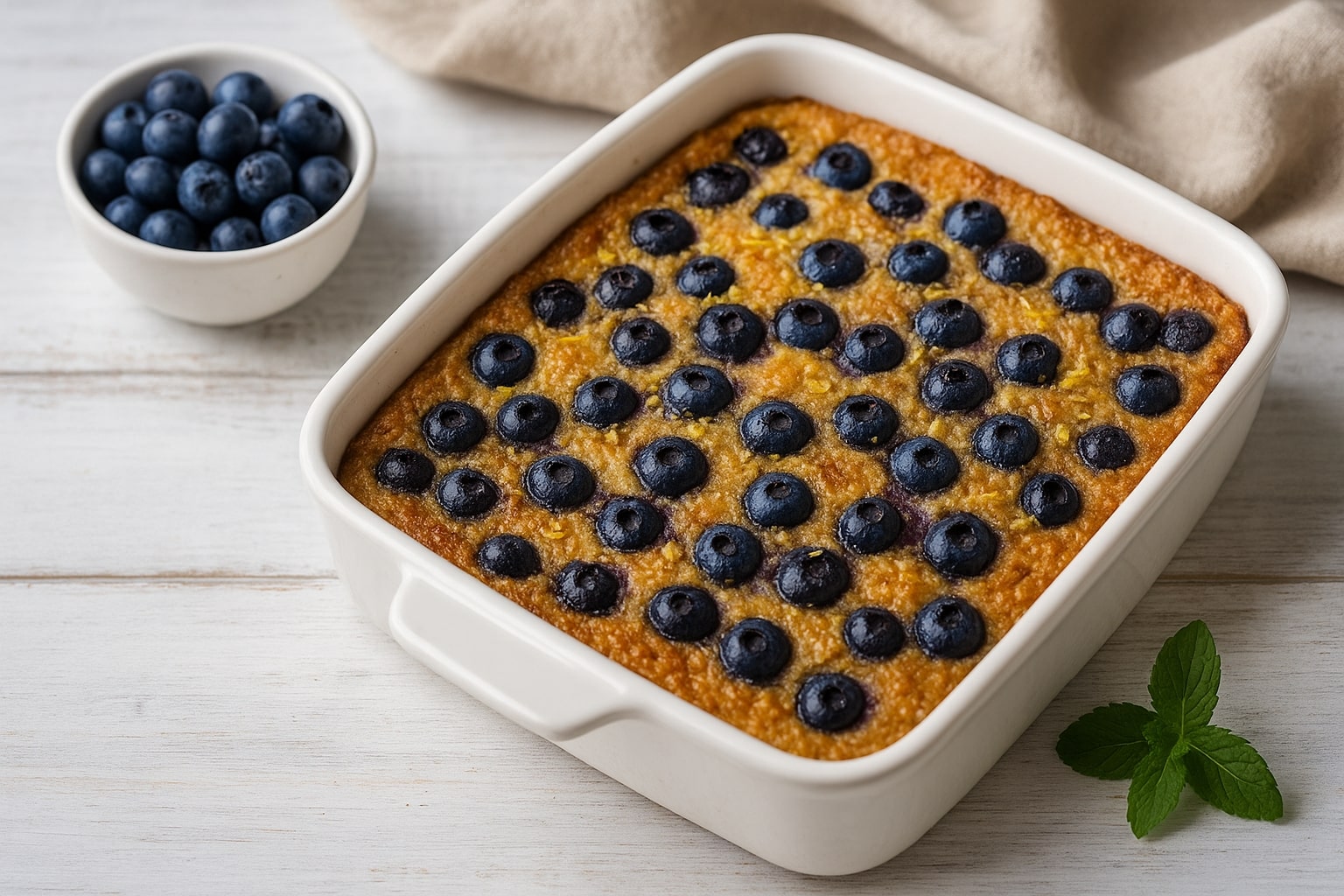 Blueberry Cottage Cheese Breakfast Bake Recipe in a white ceramic dish topped with fresh blueberries and served on a rustic wooden table.