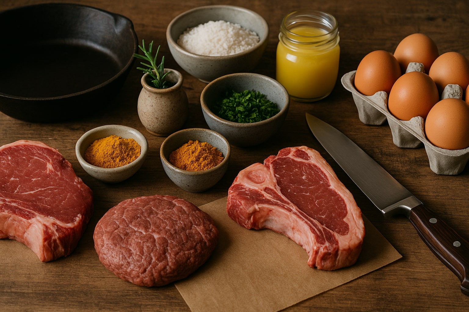 Pantry staples and kitchen tools for Roam diet including grass-fed meats, spices, eggs, and cast iron skillet