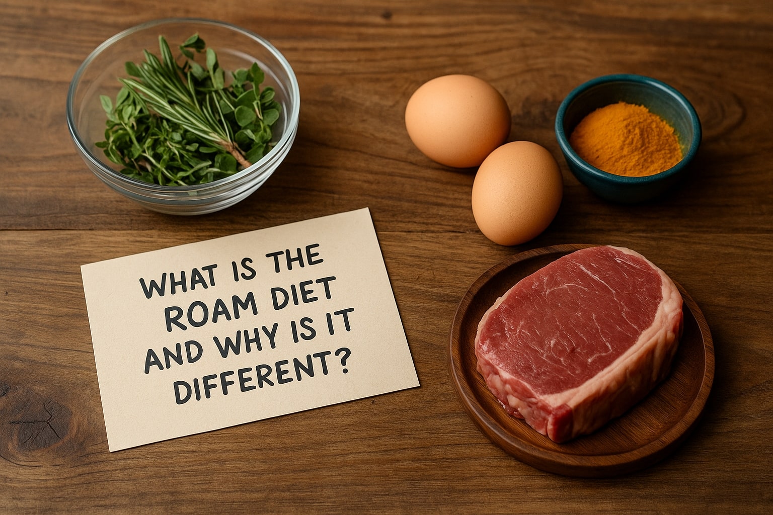 Ingredients and a question card explaining what the Roam diet is and how it differs from other diets