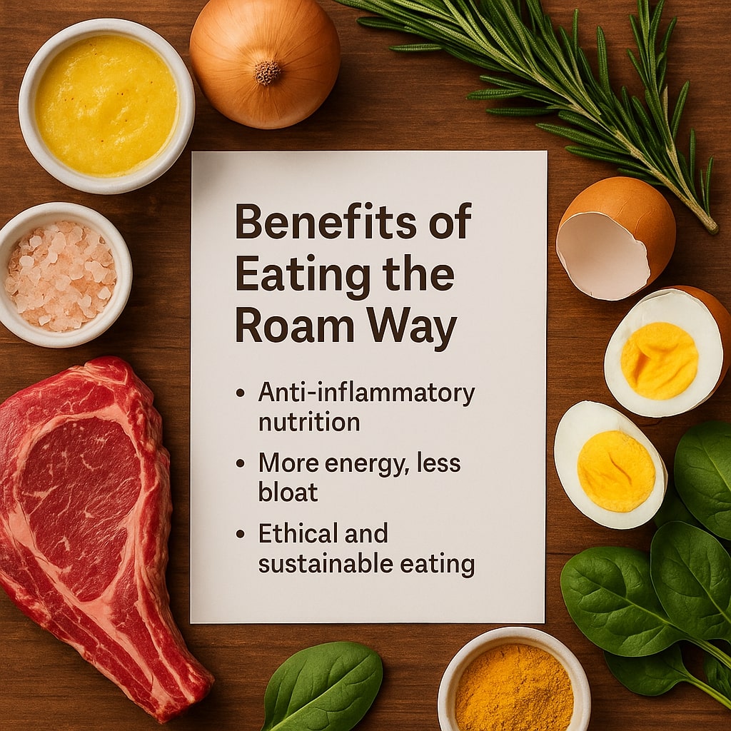 Fresh ingredients surrounding a card that lists the benefits of the Roam diet including anti-inflammatory nutrition and sustainable eating