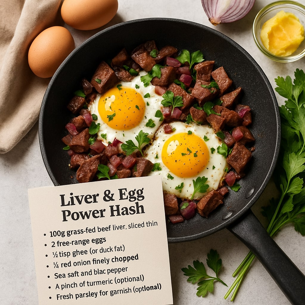 Liver and egg power hash served in a skillet with parsley, red onion, and recipe card ingredients around it