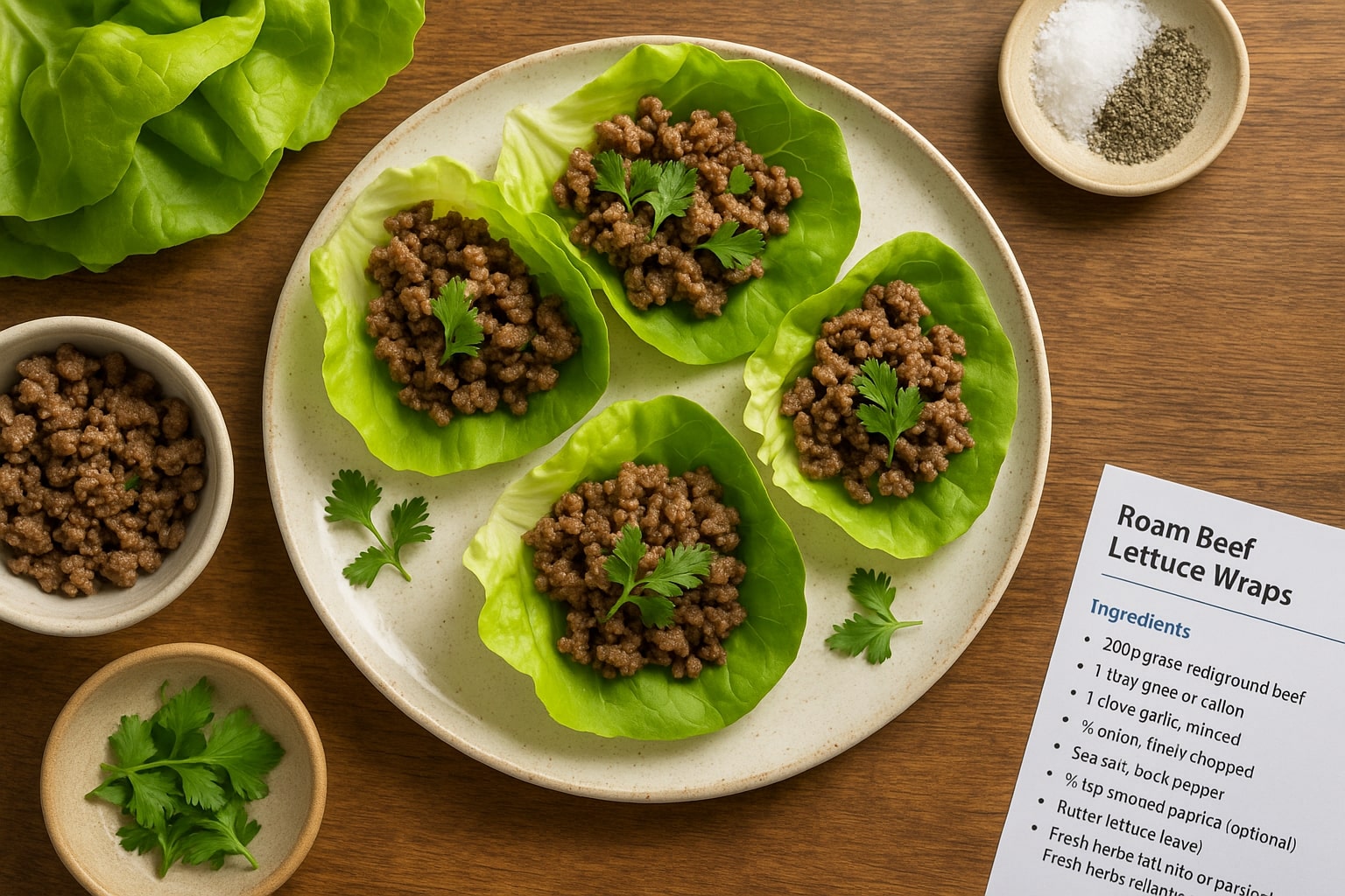 Freshly prepared beef lettuce wraps filled with ground beef, herbs, and displayed with seasoning and a recipe card