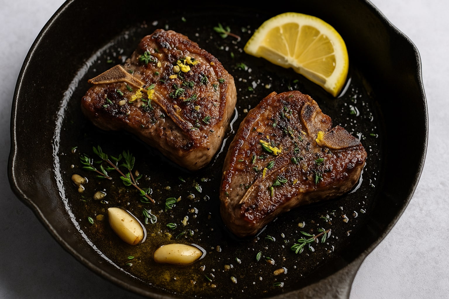 Garlic herb lamb chops cooking in a cast iron skillet with fresh herbs, garlic, and lemon slices