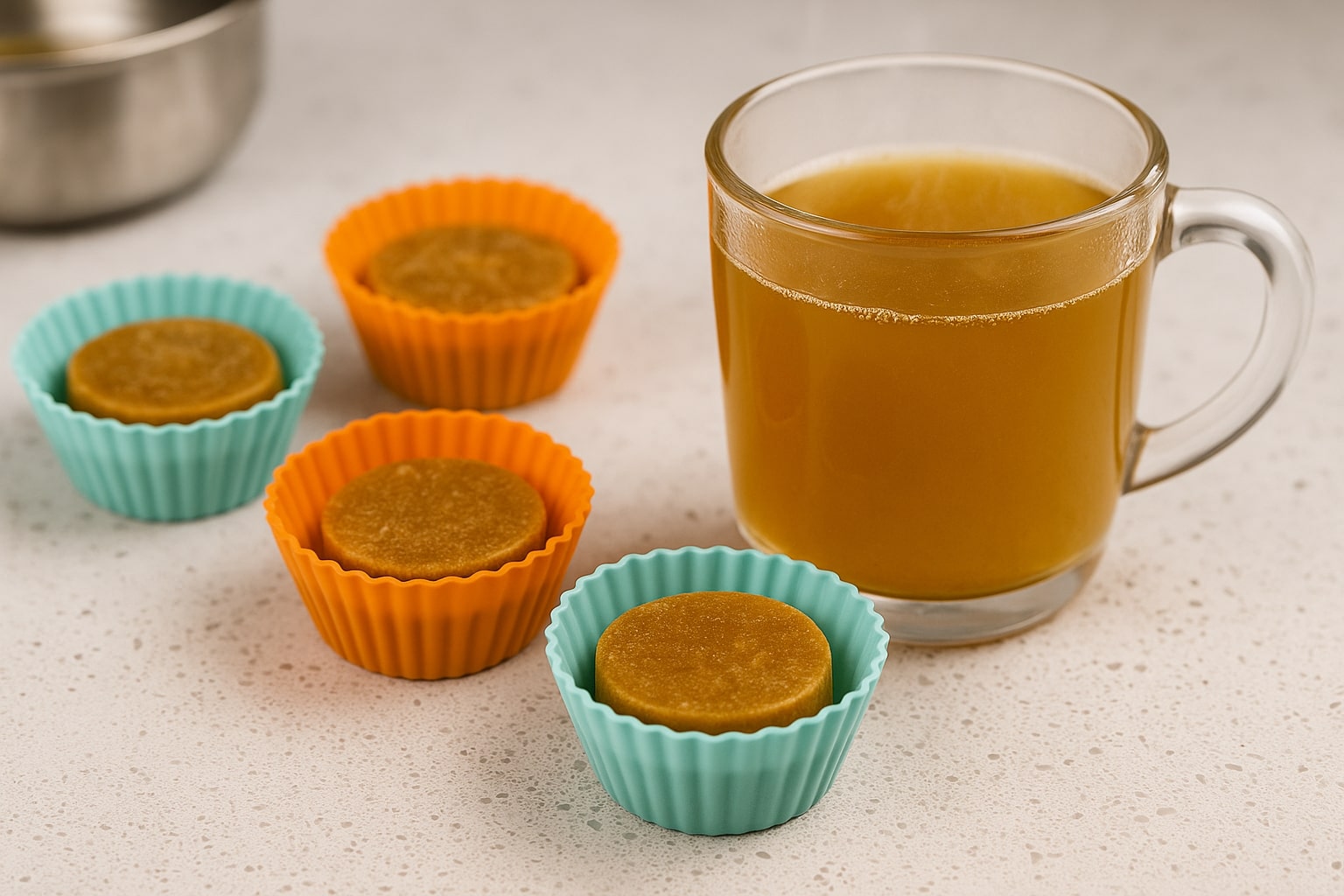 Silicone muffin cups filled with frozen bone broth beside a steaming mug of warm broth on a clean countertop