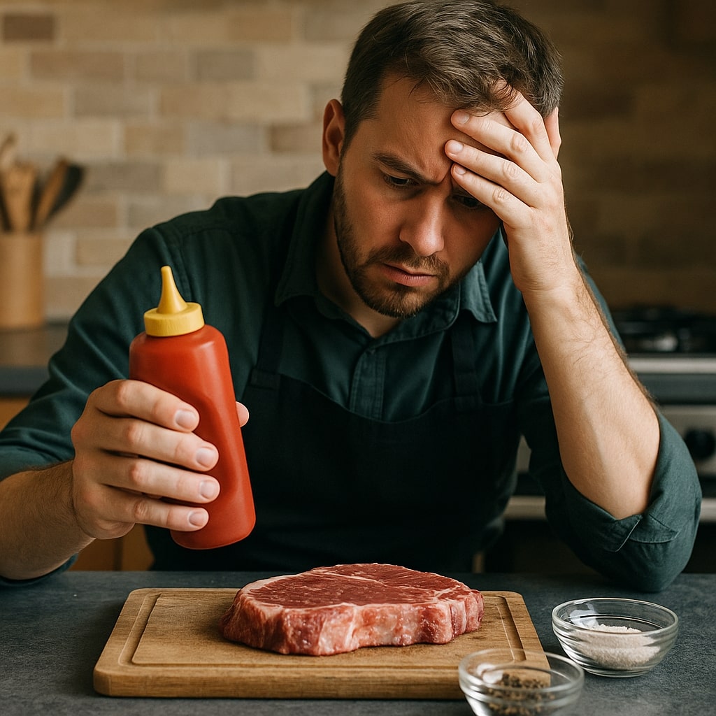 A home chef looking frustrated while about to use a sauce bottle on raw steak, showing a mistake in clean eating