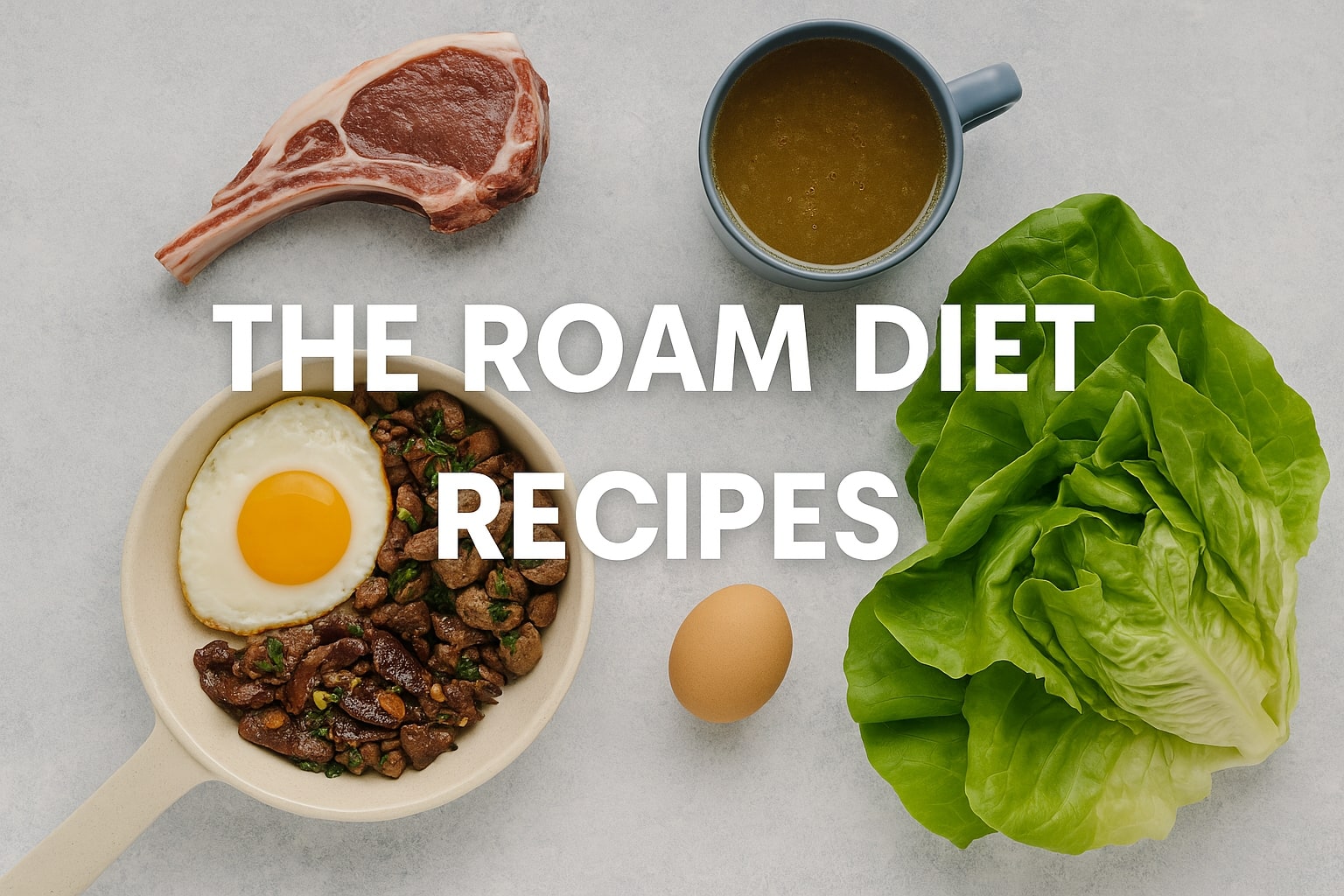 Flat lay featuring lamb chop, bone broth, liver hash, egg, and butter lettuce with centered text “The Roam Diet Recipes