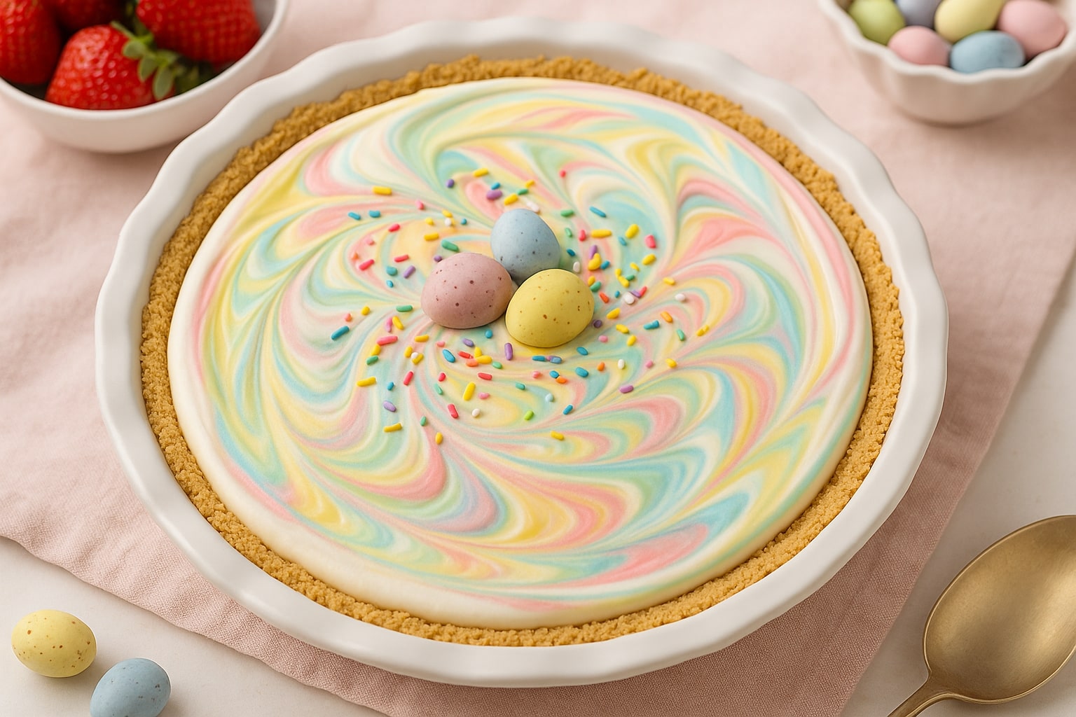 Easter Swirl Pie with pastel pink, blue, and yellow swirls in a graham cracker crust, garnished with whipped cream and mini eggs