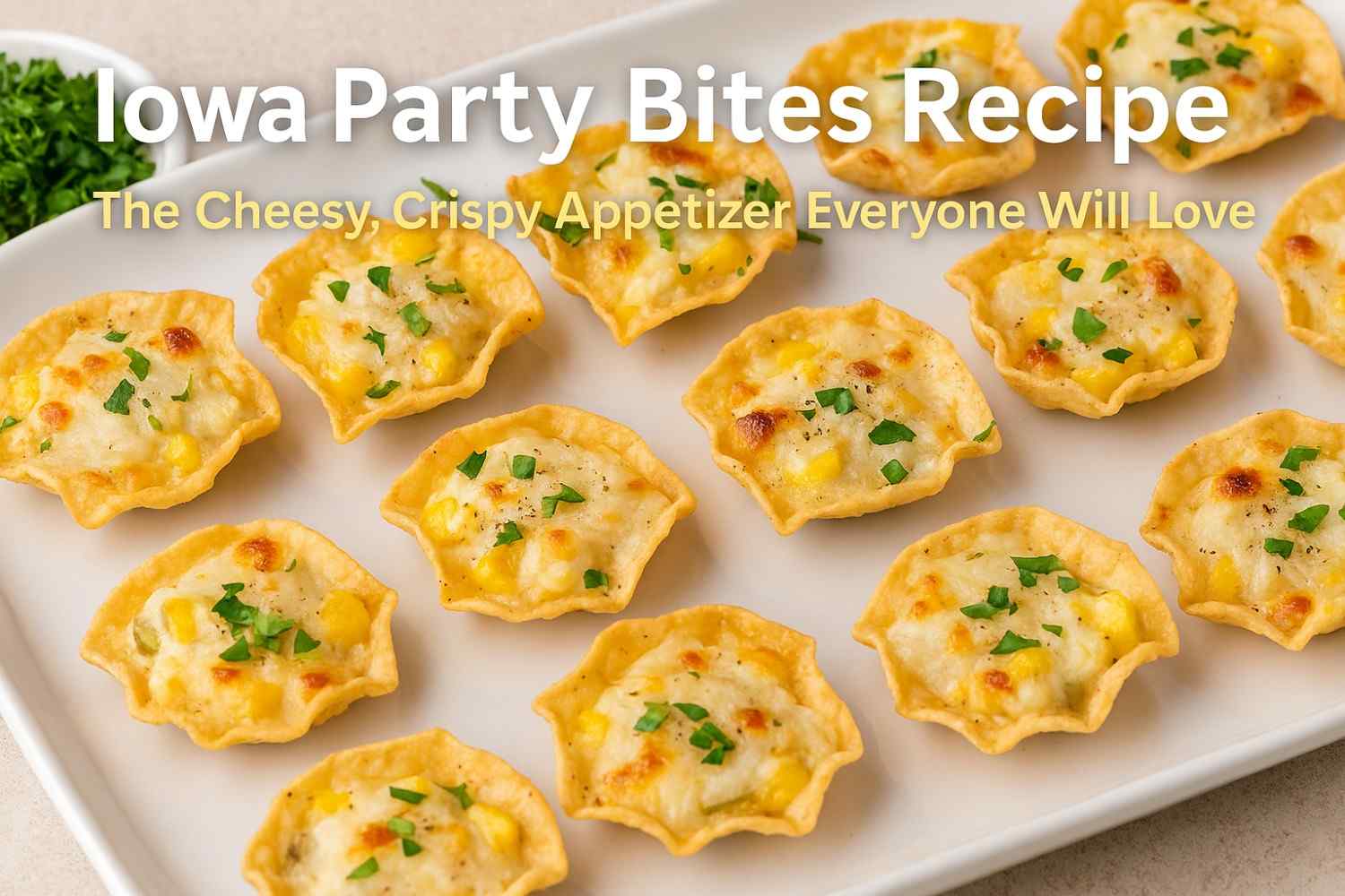 Iowa Party Bites recipe served on a rustic wooden tray with salsa and guacamole dips
