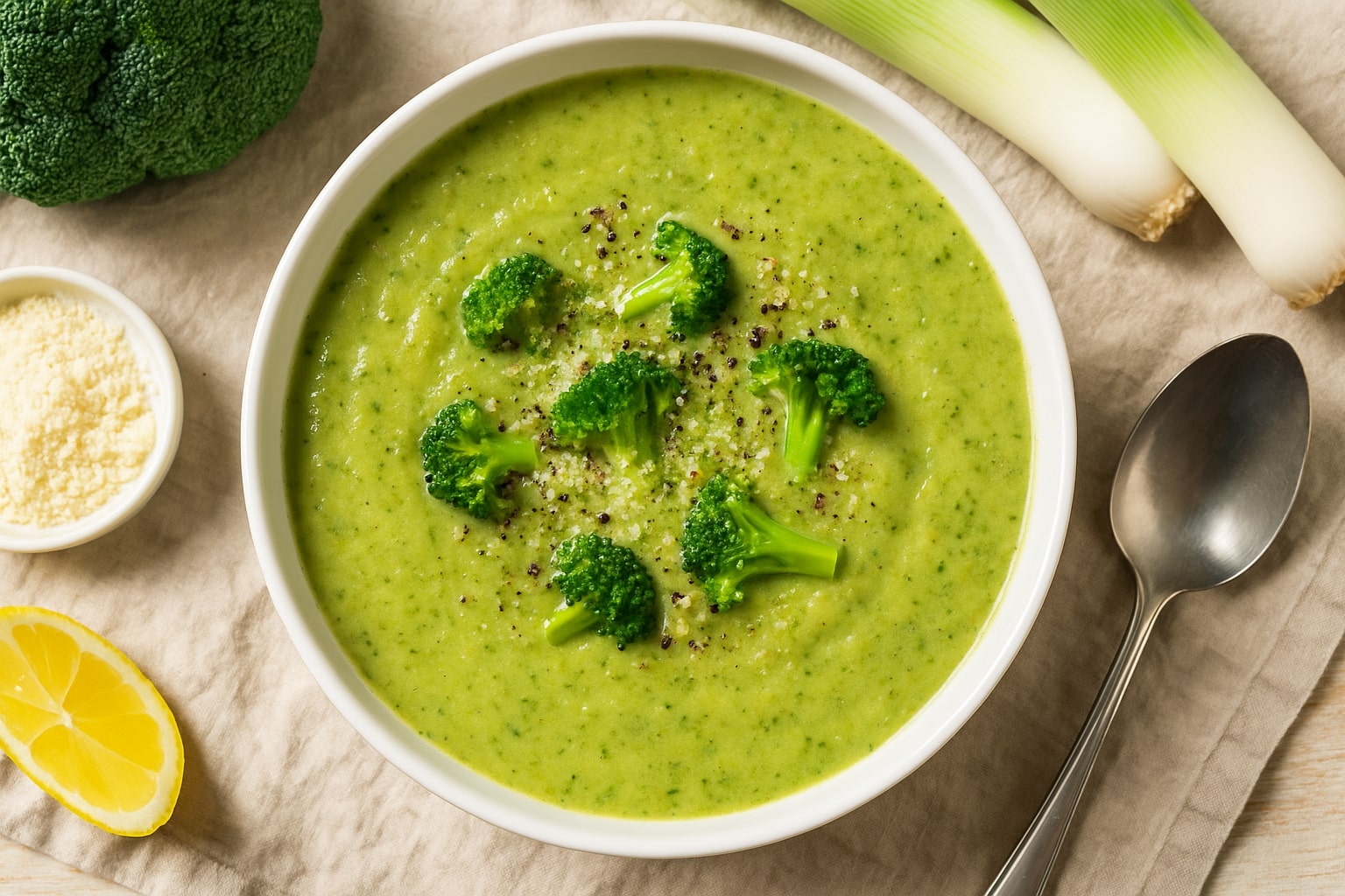 Broccoli leek recipe served as a creamy soup in a white bowl, topped with broccoli florets, black pepper, and parmesan, alongside fresh leeks and lemon.
