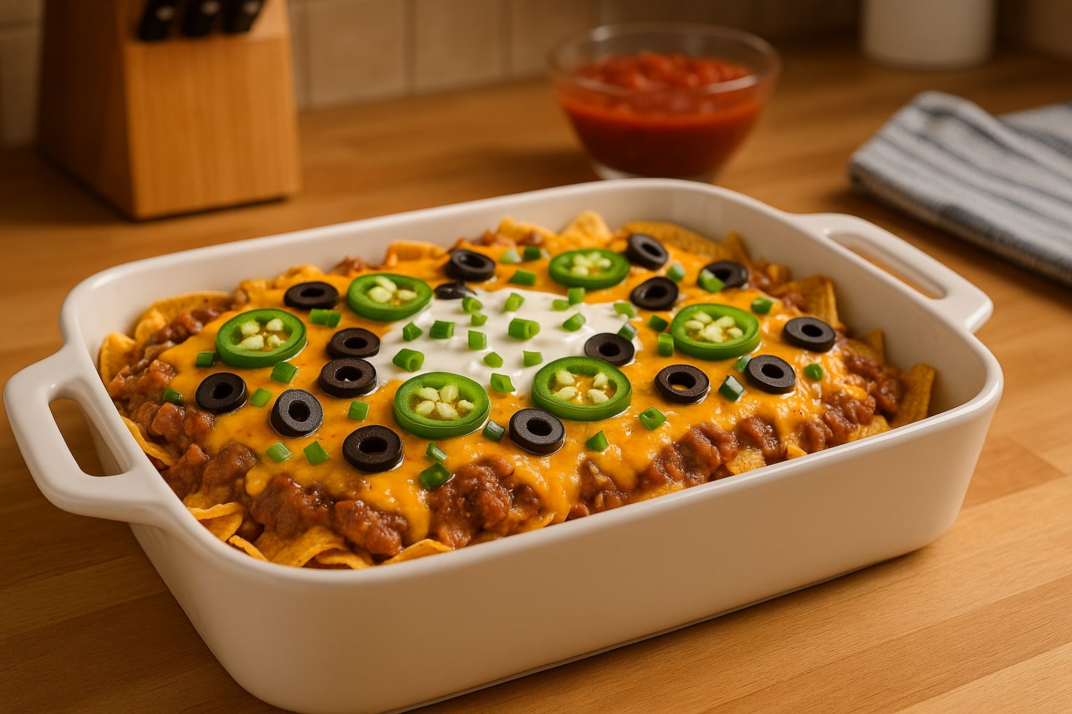 Mexican White Trash Recipe in a white baking dish topped with melted cheddar cheese, jalapeños, black olives, and sour cream, served on a rustic wooden kitchen counter.