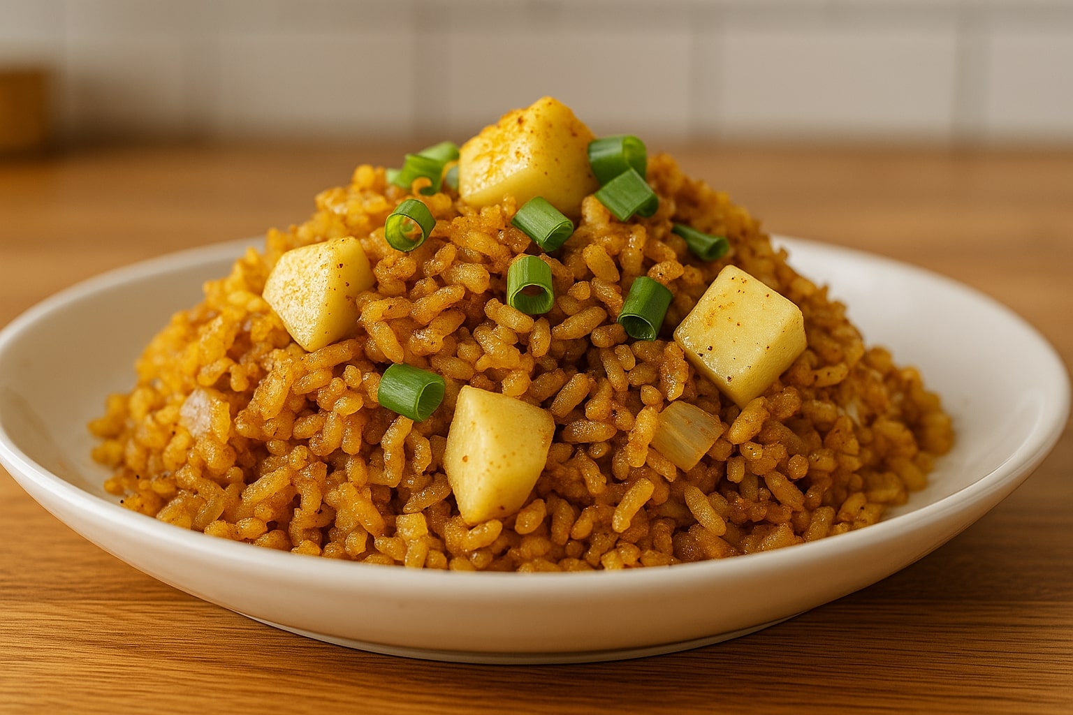 Curry apple and deep fried rice recipe served in a white bowl with crispy rice and apple slices.