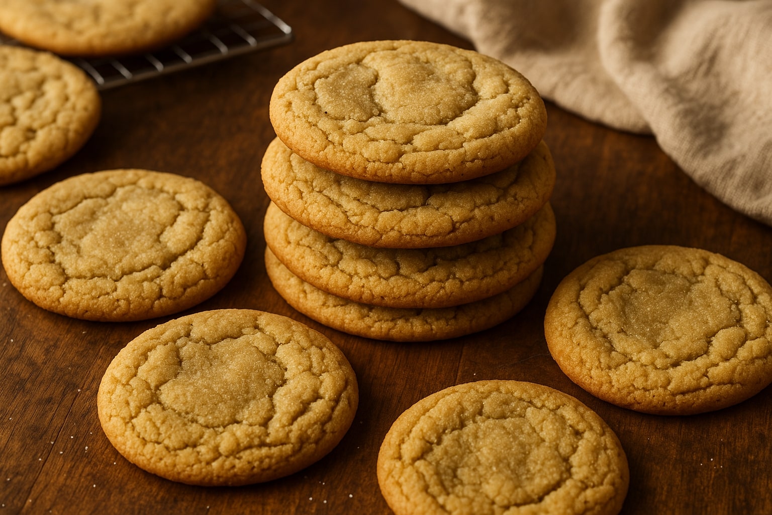 Freshly baked sourdough sugar cookie recipe shown with golden, chewy cookies stacked on a wooden surface.