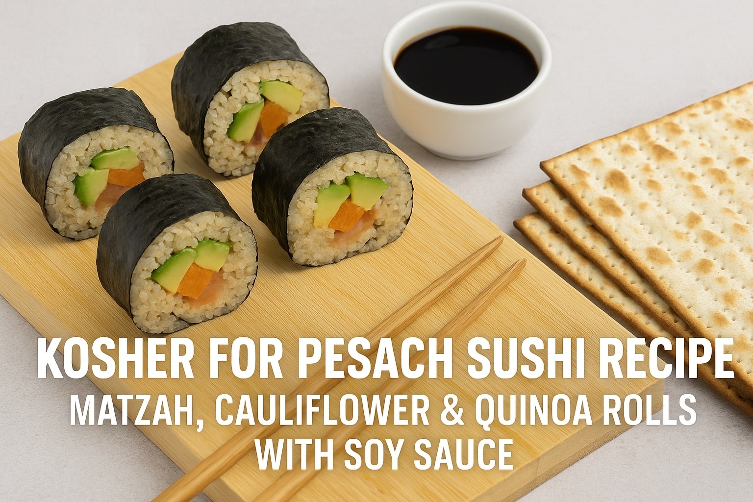 A platter of kosher for Passover sushi rolls filled with avocado, sweet potato, and salmon, wrapped in nori and served with a dipping bowl of soy sauce and matzah crackers.