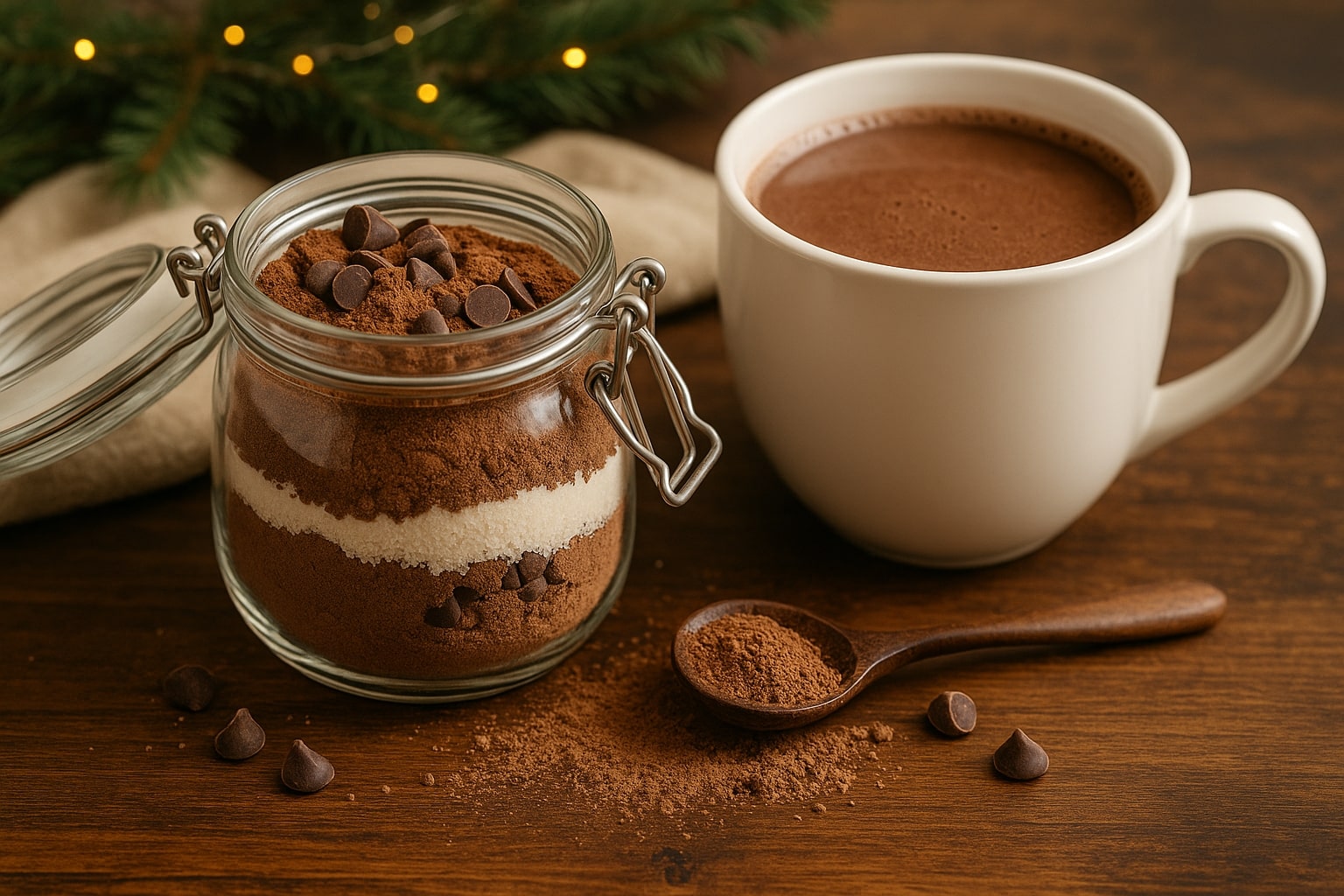 A high-resolution image of homemade hot cocoa mix in a glass jar with chocolate chips, next to a steaming mug of hot chocolate on a wooden table with fairy lights in the background.