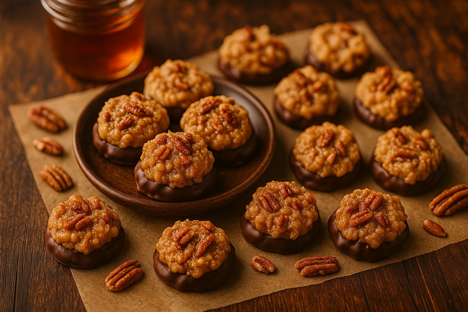 A close-up photo of homemade maple nut goodies candy recipe with pecans and chocolate, styled on a rustic wooden background.