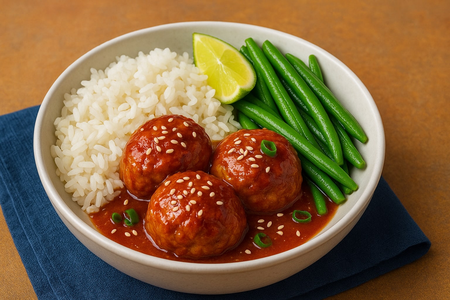 A bowl of firecracker meatballs topped with sesame seeds, served with white rice, green beans, and a lime wedge, styled on a warm rustic background.