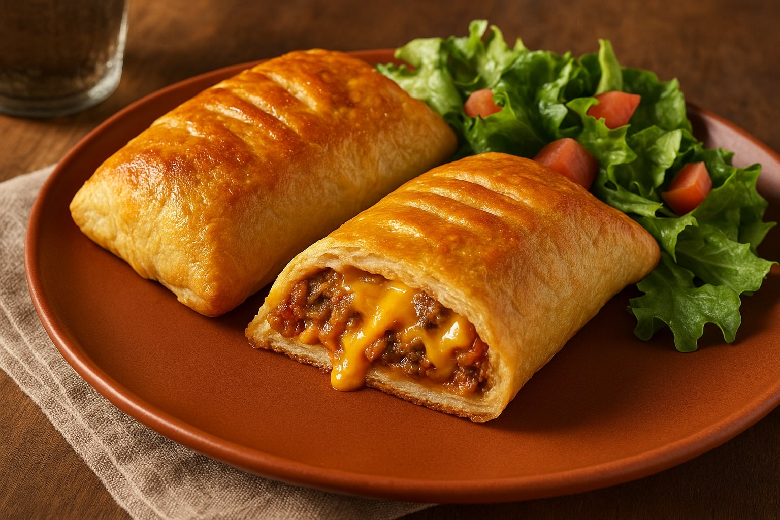 A golden-brown Alabama hot pocket sliced open to reveal melted cheddar and sausage filling, served with fresh salad.