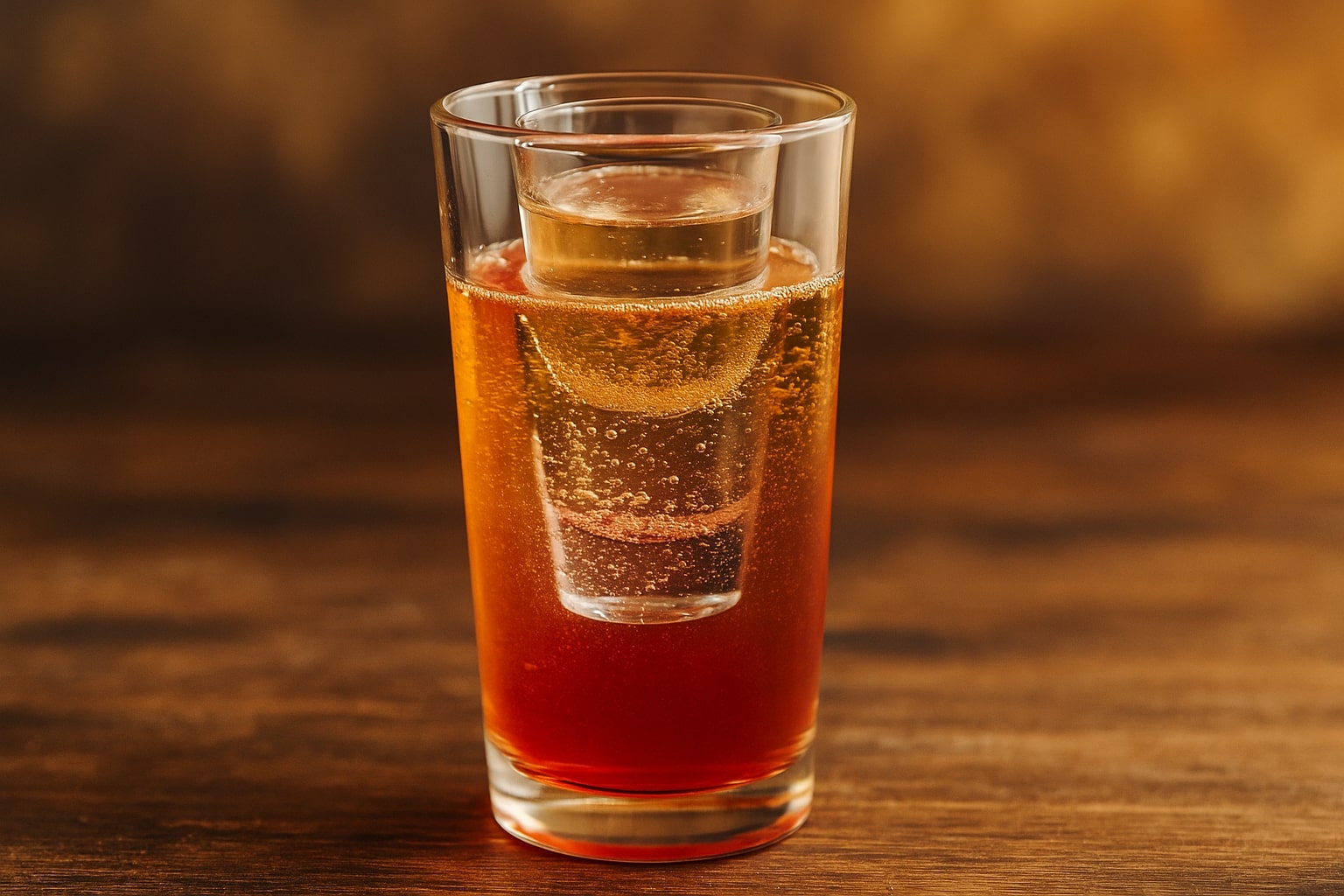 A digital photograph showcases a vodka bomb shot cocktail with a shot glass inside a fizzy, golden-red drink, served in a bright tumbler on a wooden bar top with a warm blurred background.