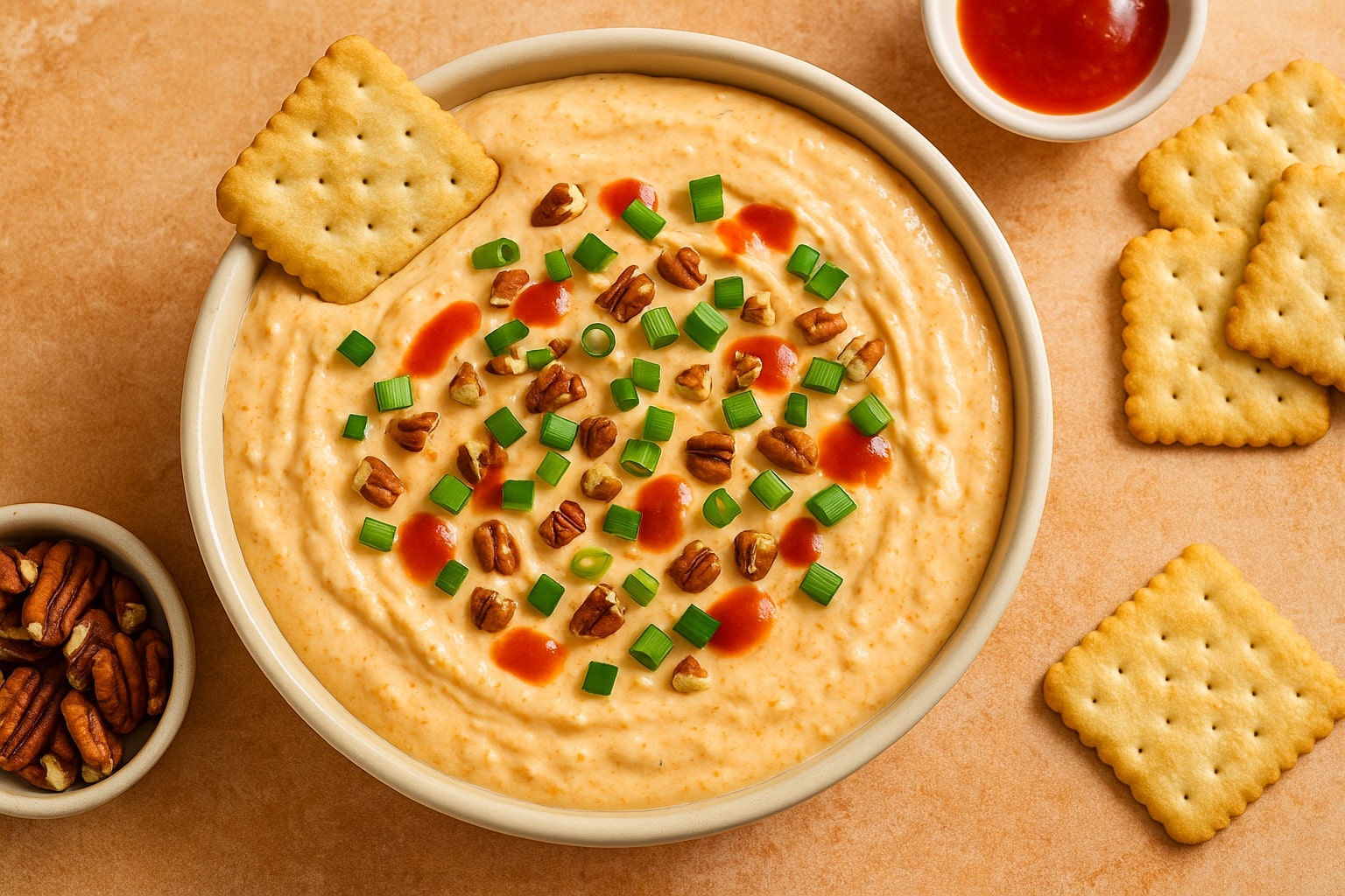 A bowl of creamy cheddar dip topped with green onions, pecans, and hot sauce, surrounded by crackers – perfect for the better cheddar dip recipe.
