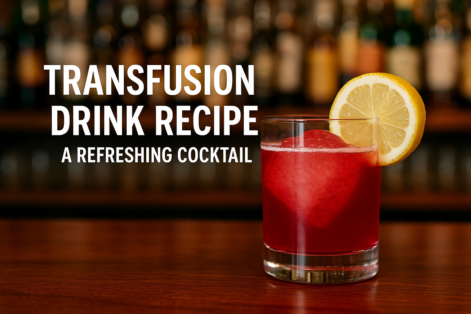 Transfusion cocktail with lime garnish served on a dark bar counter with blurred liquor bottles in the background