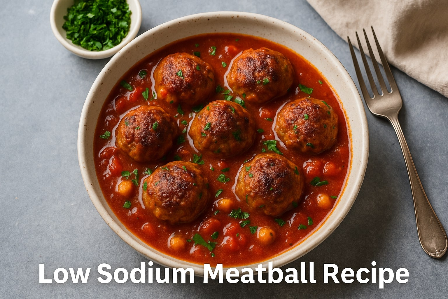 Juicy low sodium meatball recipe served in tomato sauce with herbs