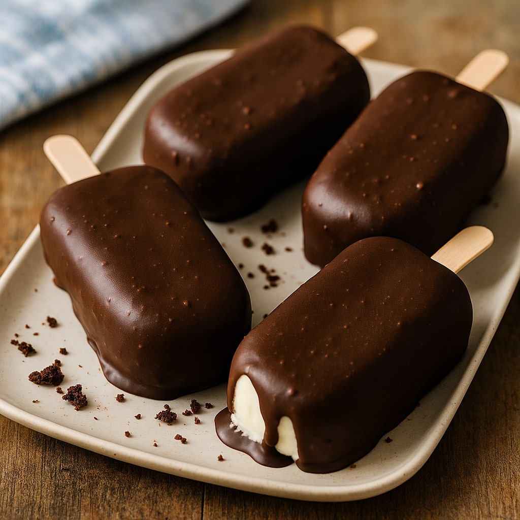 Best homemade Eskimo Pie popsicle recipe featuring creamy vanilla popsicles dipped in rich chocolate on a rustic plate