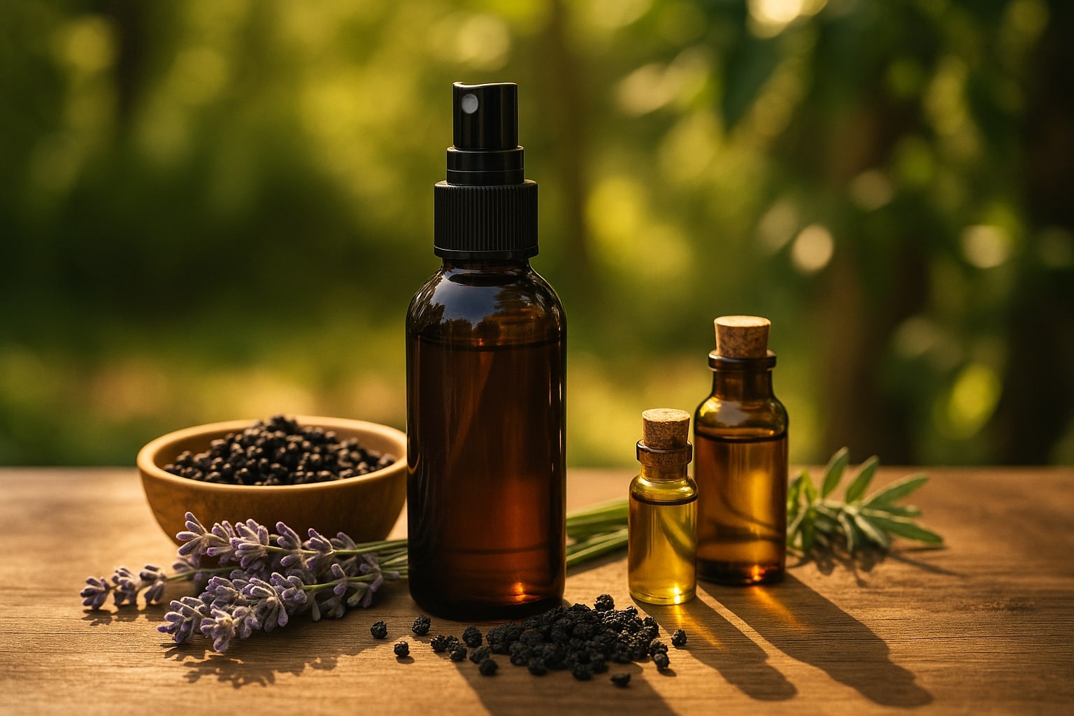French elderberry bug spray recipe with DIY spray bottle, dried elderberries, and essential oils on a rustic table