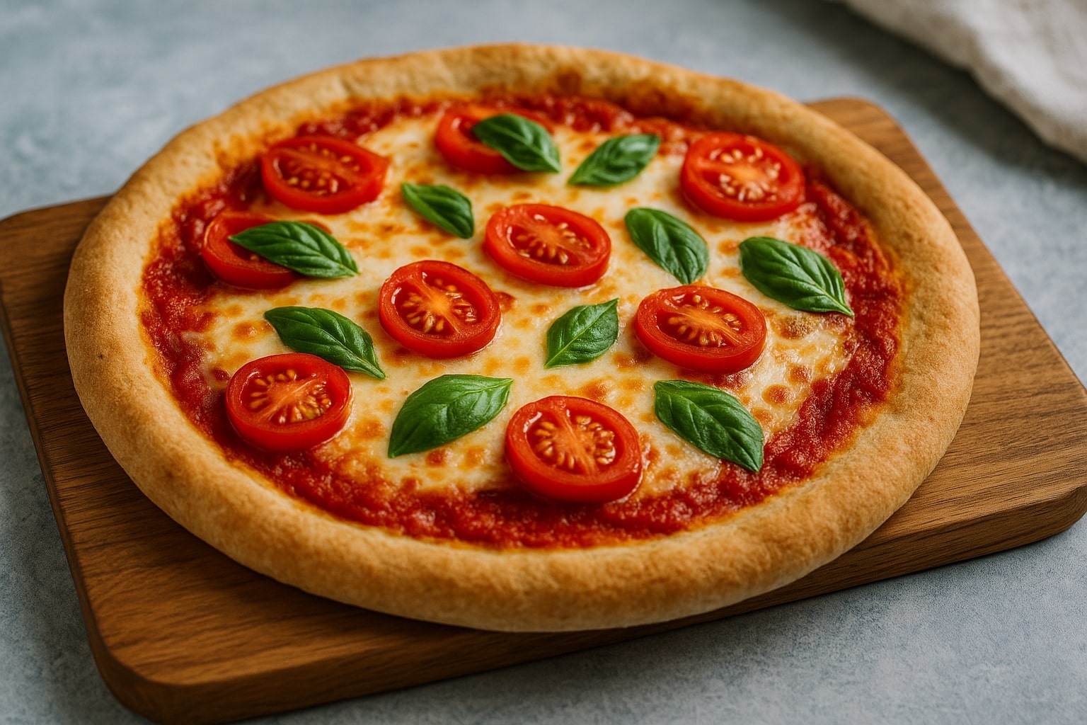 Low calorie pizza dough recipe topped with fresh cherry tomatoes and basil leaves on a wooden board