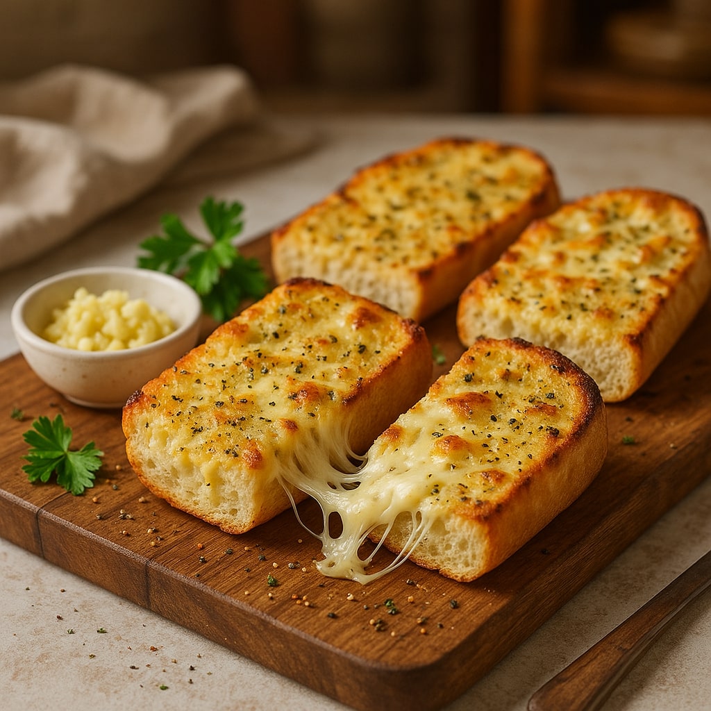 Cunetto’s garlic cheese bread recipe with golden melted cheese and garlic butter on rustic slices