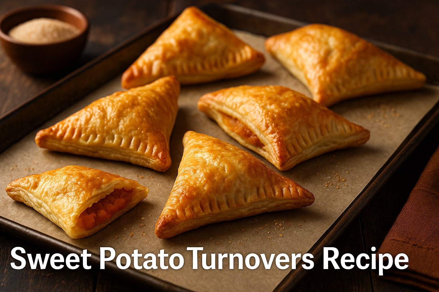 Sweet potato turnovers recipe with golden brown puff pastry on a baking sheet, beautifully crisp and ready to serve warm