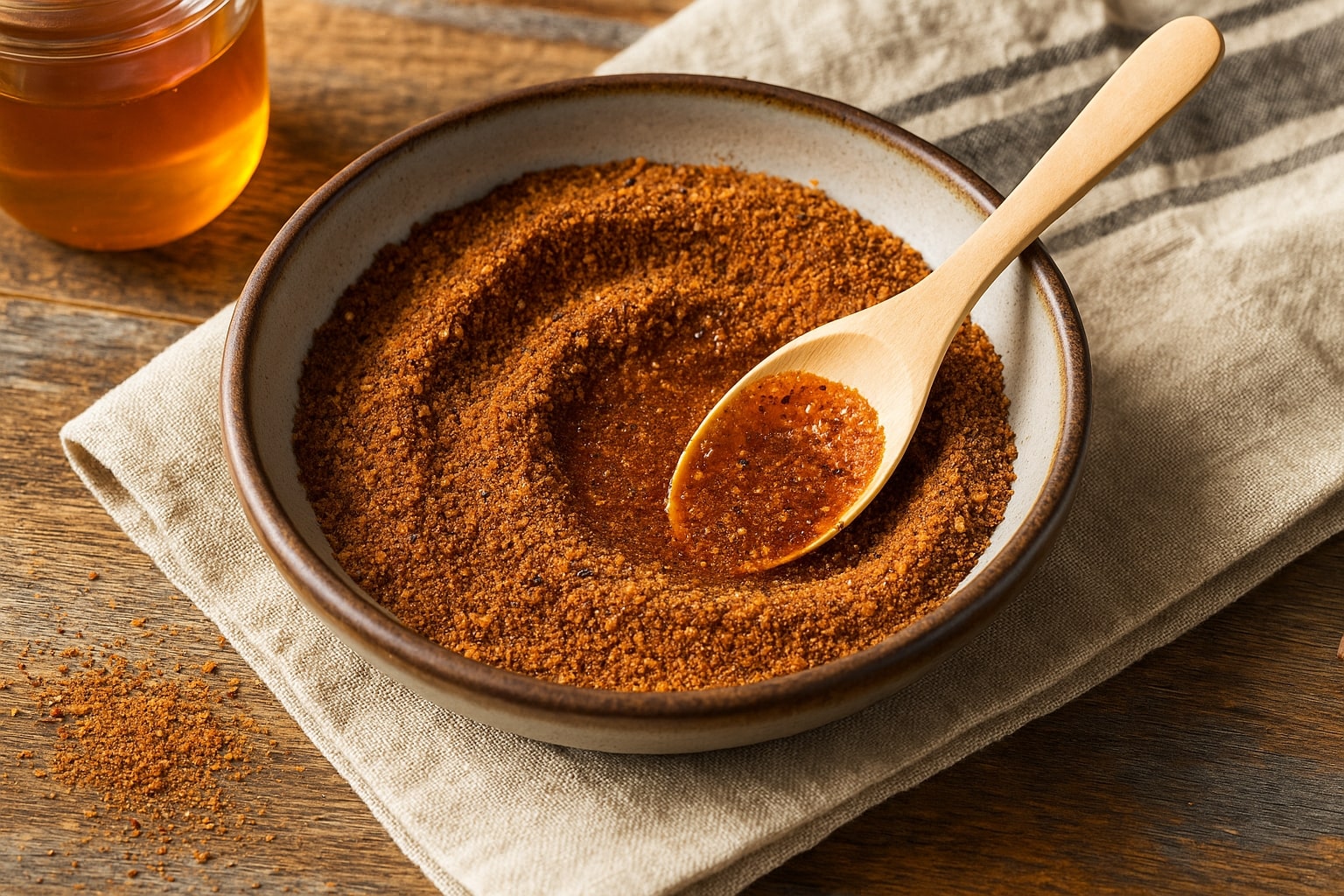 Hot honey rub recipe in a rustic ceramic bowl with a wooden spoon, showcasing the rich color of the spice blend, with honey jar and linen napkin in the background.