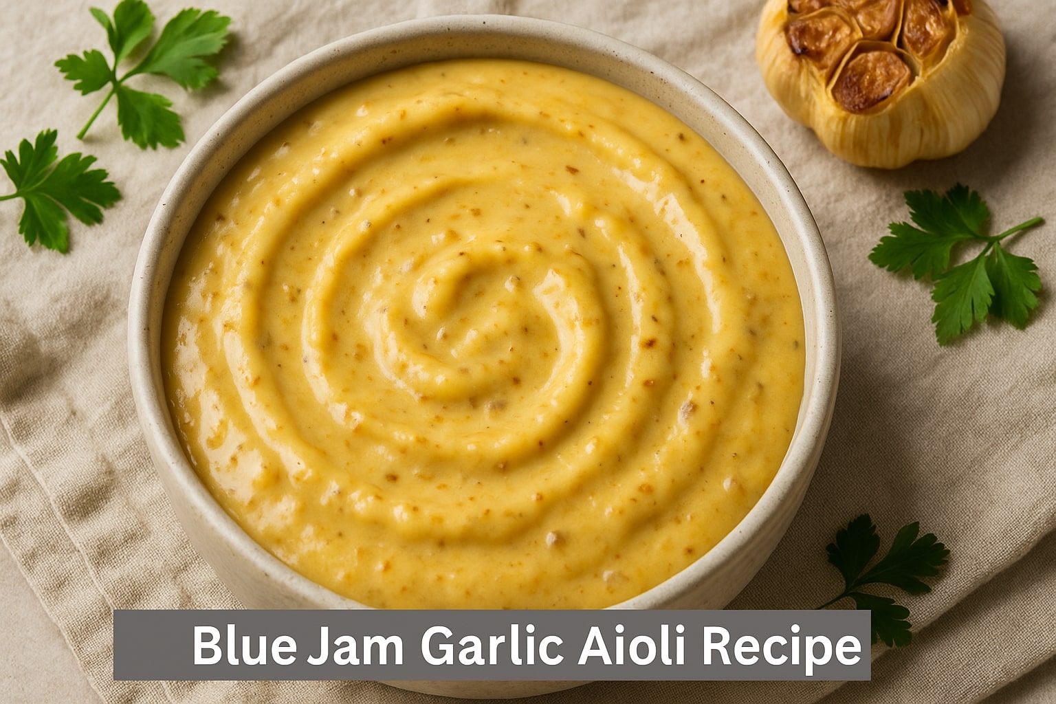 Bowl of creamy Blue Jam Garlic Aioli Recipe with roasted garlic and parsley, perfect for dipping, spreading, and elevating any dish.