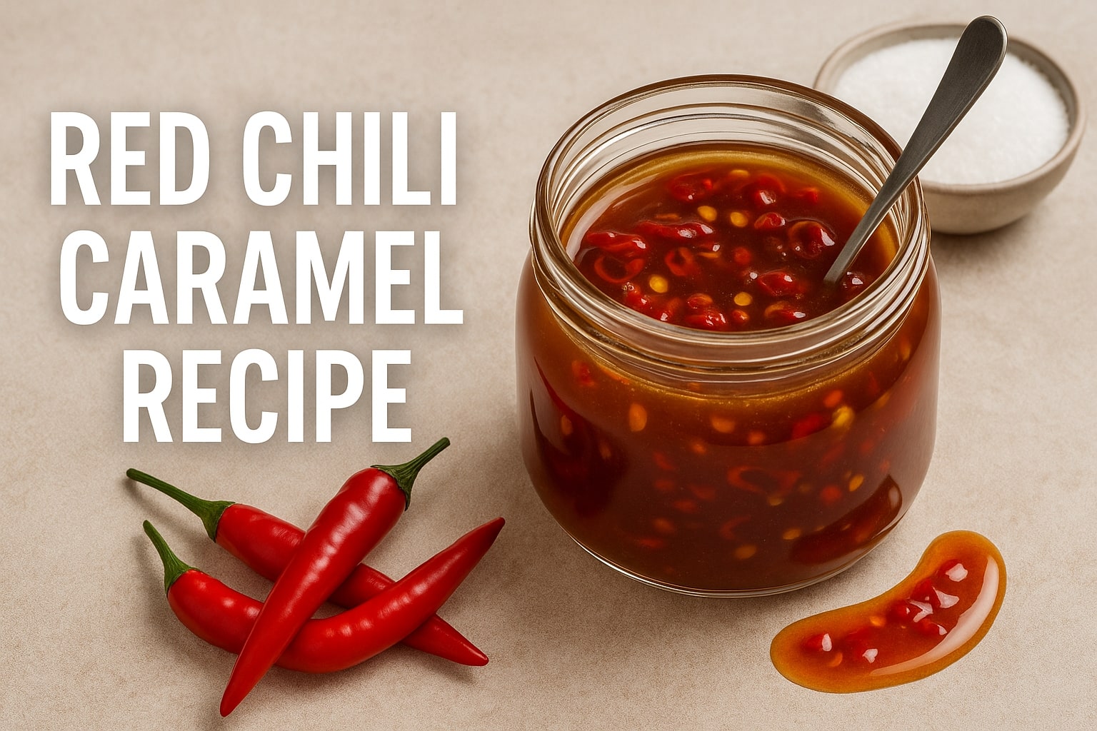 Red chili caramel recipe in a glass jar with fresh red chilies and sugar on the side