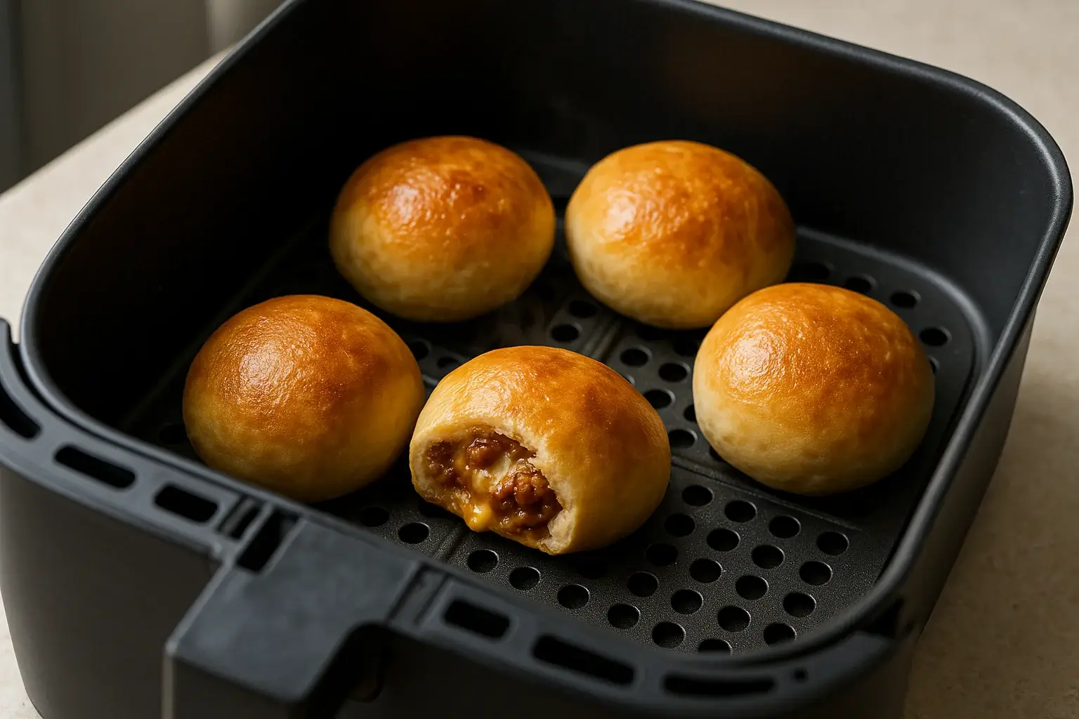 Golden taco bombs freshly cooked in an air fryer basket, with one cracked open to reveal melty cheese and beef filling