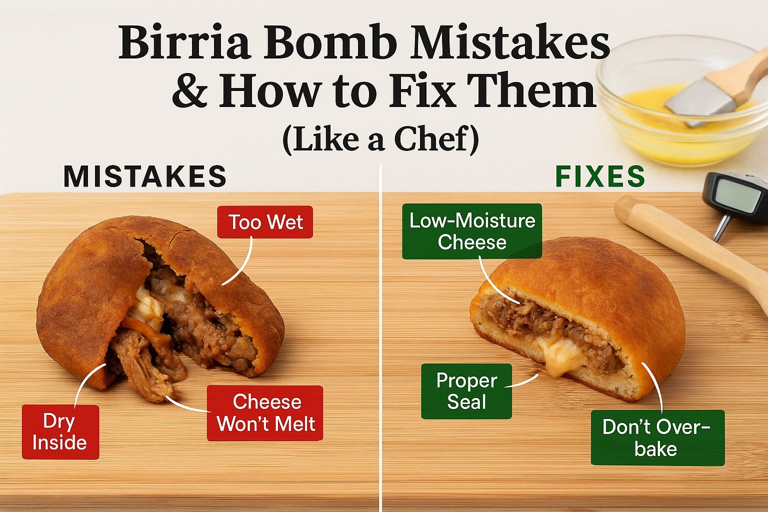 Split image showing birria bomb cooking mistakes versus fixes, with soggy and dry versions on the left and a properly sealed, cheesy bomb on the right, labeled with tips like "Don't Overbake" and "Low-Moisture Cheese