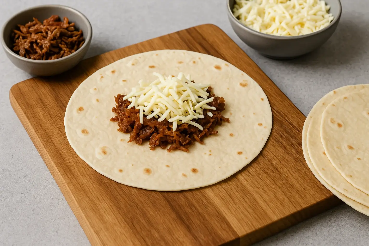 A flour tortilla topped with shredded birria and cheese, placed on a wooden board with cheese and meat bowls nearby.