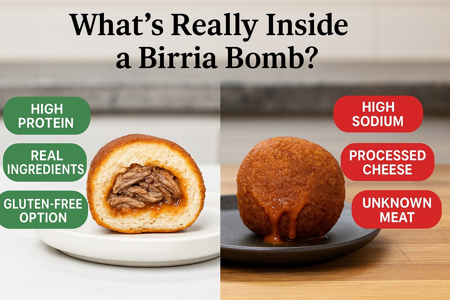 Side-by-side comparison of a healthy birria bomb with shredded beef and real ingredients versus a greasy, processed version with warning labels showing high sodium and unknown meat content