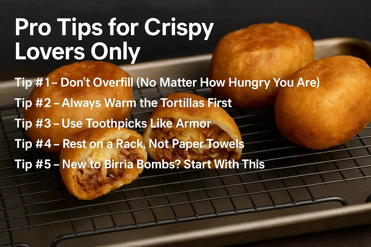 Crispy birria bombs resting on a wire rack with one cut open, text overlay listing pro tips for achieving perfect results.