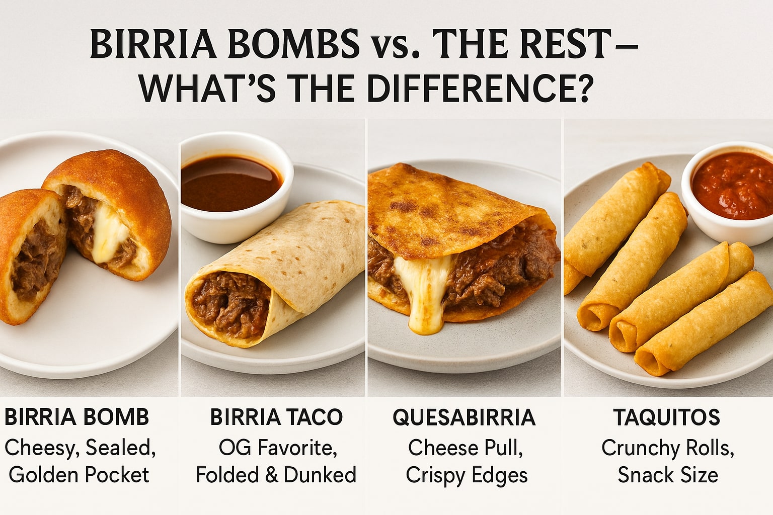 Side-by-side comparison of four Mexican dishes: birria bomb, birria taco, quesabirria, and taquitos, each labeled with descriptions on white plates against a neutral background
