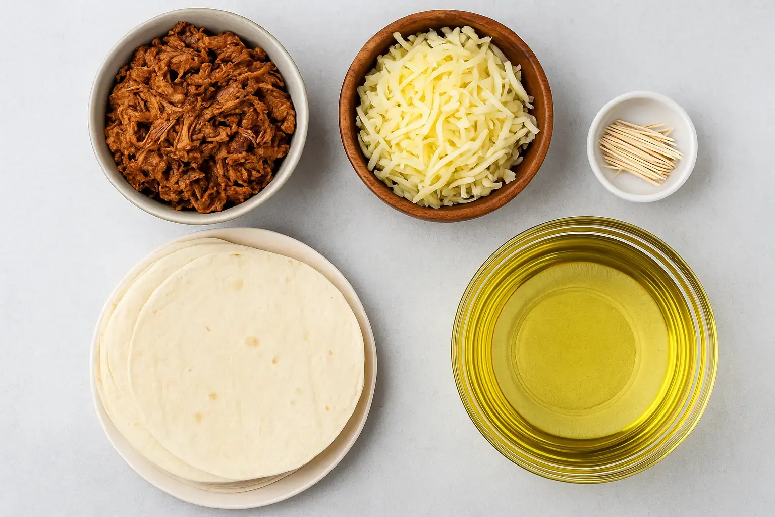 Flatlay of birria bomb ingredients including shredded beef, shredded cheese, flour tortillas, oil, and toothpicks on a clean surface.