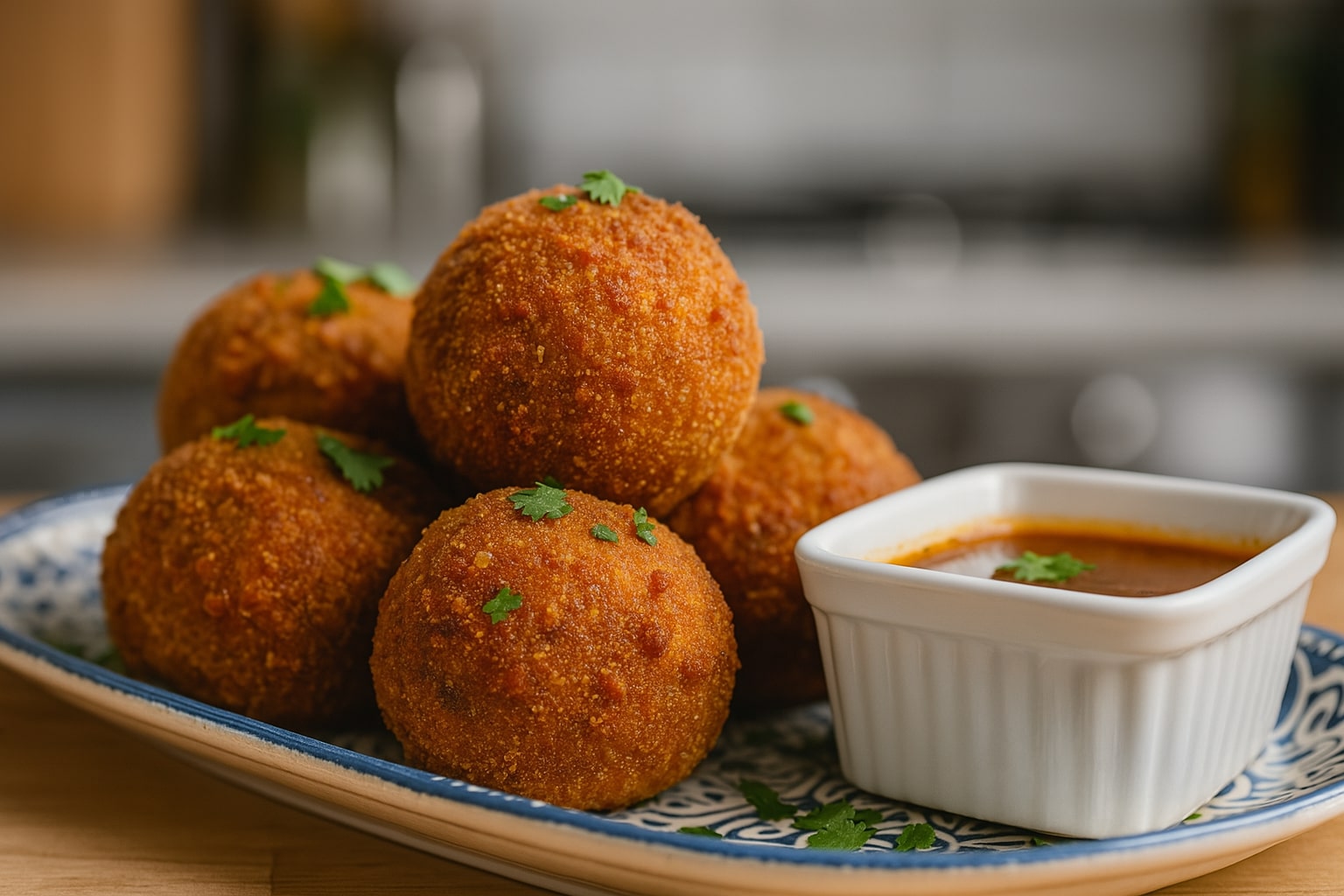Crispy birria bombs served with consommé dip on a ceramic plate in a modern kitchen setting