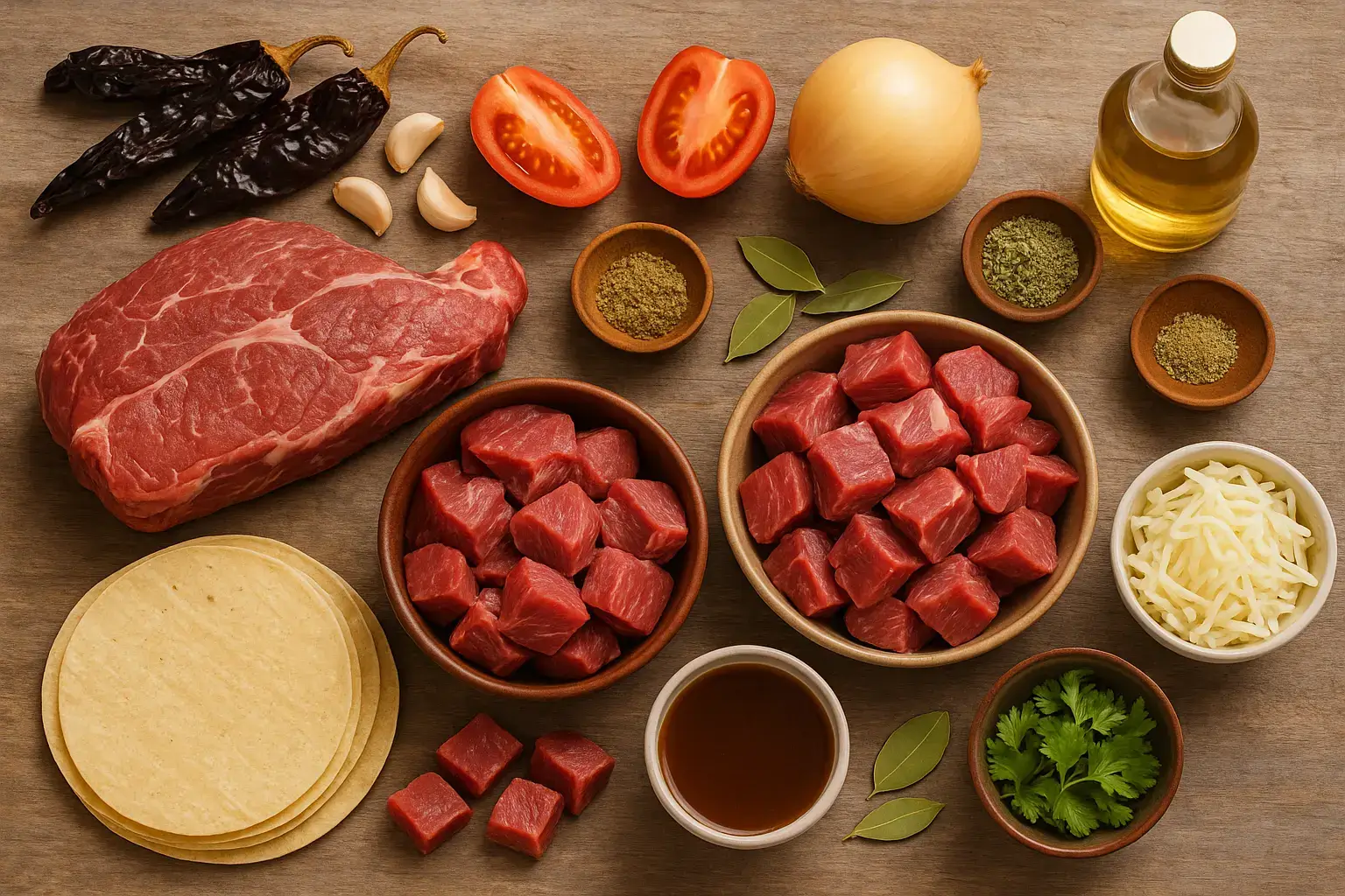 Top-down view of birria ingredients neatly arranged on a rustic wooden surface, including chuck roast (whole and cubed), dried guajillo and ancho chilies, garlic, Roma tomatoes, onion, spices, tortillas, shredded cheese, beef broth, and apple cider vinegar.