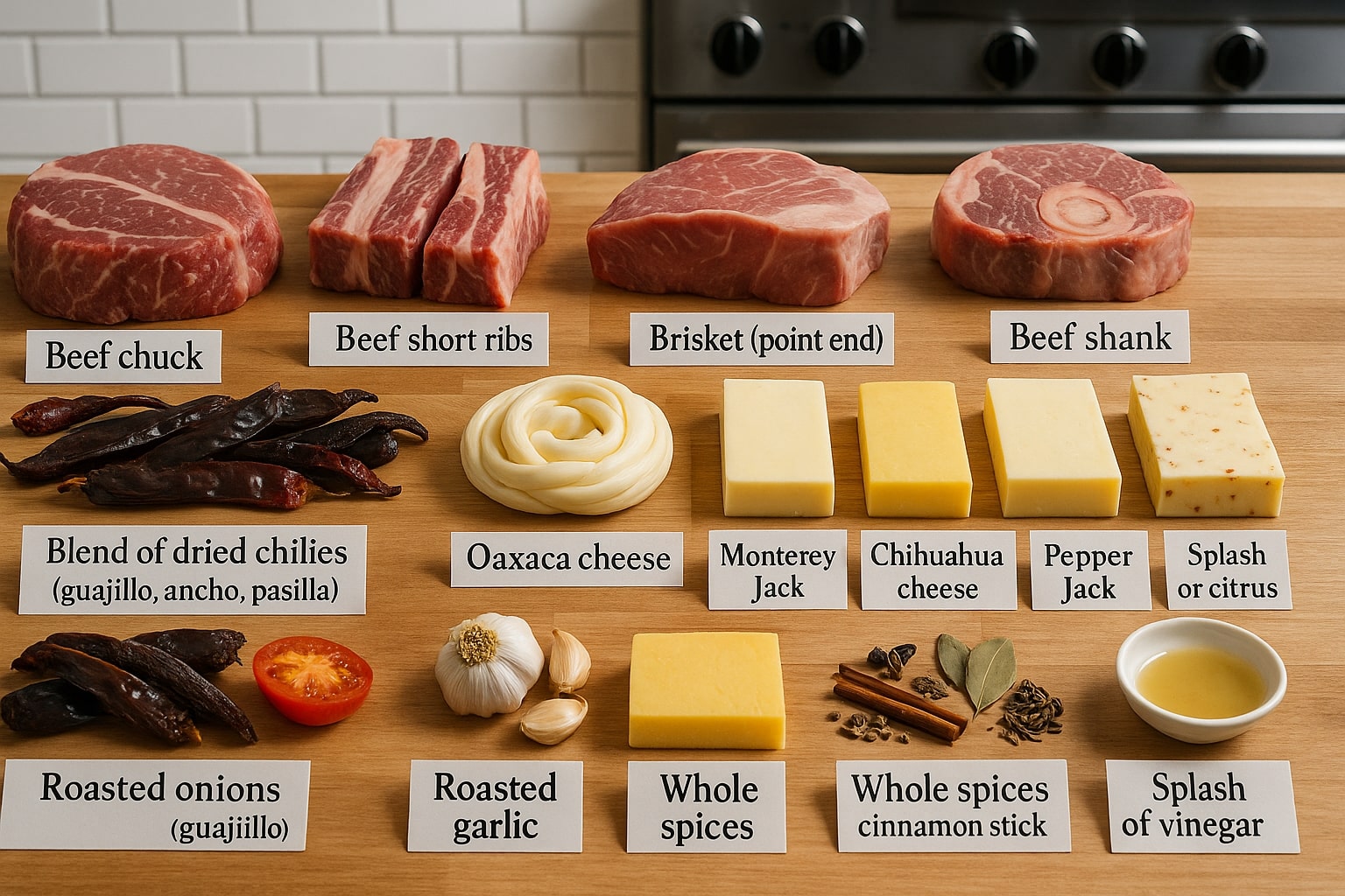 Top-down view of birria bombs ingredients including meats, cheeses, dried chilies, roasted vegetables, whole spices, and citrus, all labeled on a wooden table in a modern kitchen setting