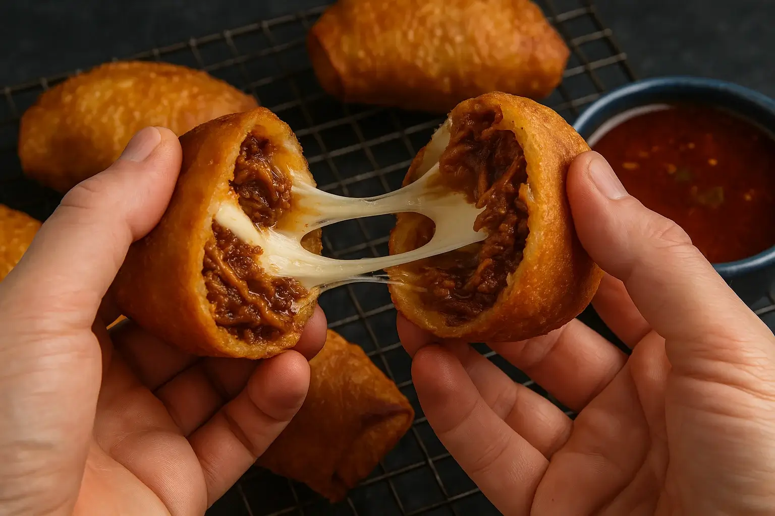 Hands pull apart a freshly fried birria bomb, revealing gooey melted cheese and juicy beef, with a dip bowl and cooling rack in the background.