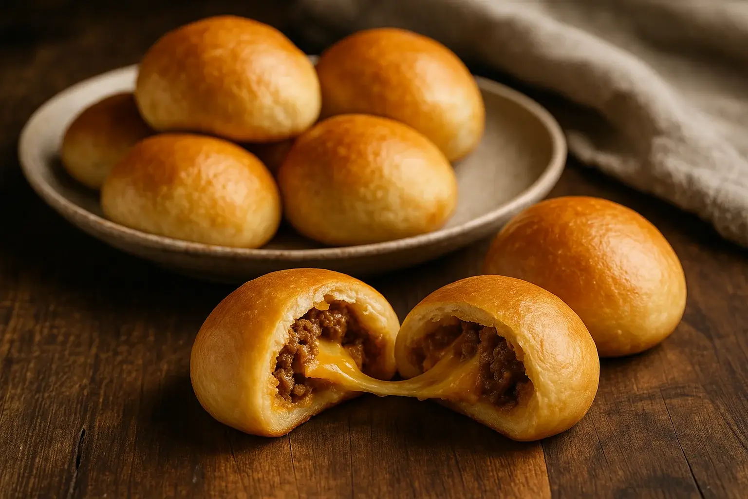 Close-up of golden-baked cheesy taco bombs with melty meat filling on a rustic wooden table