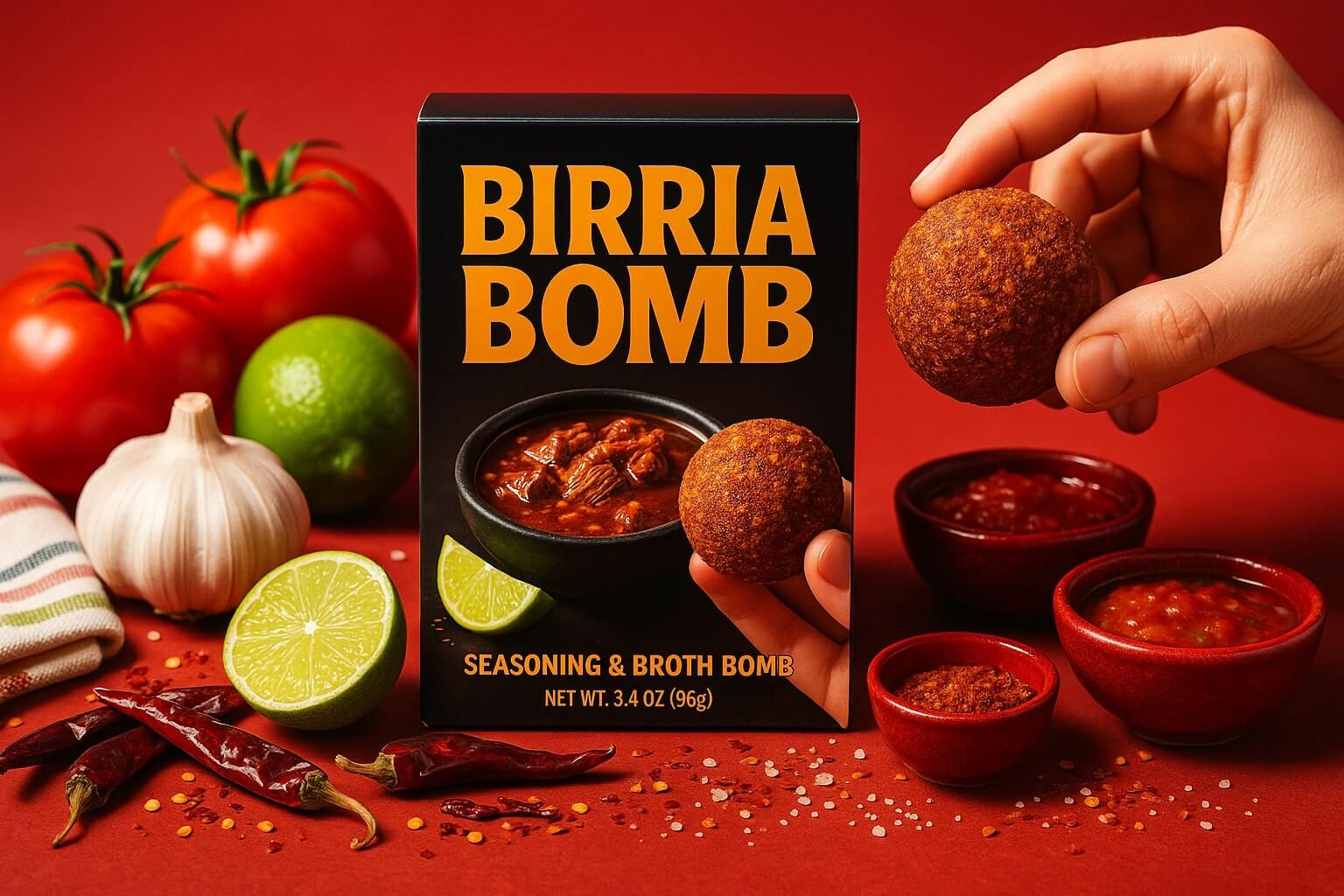 A bold and flavorful Birria Bomb — captured in its full glory with fresh limes, garlic, tomatoes, dried chiles, and vibrant salsa — the secret weapon in my kitchen.