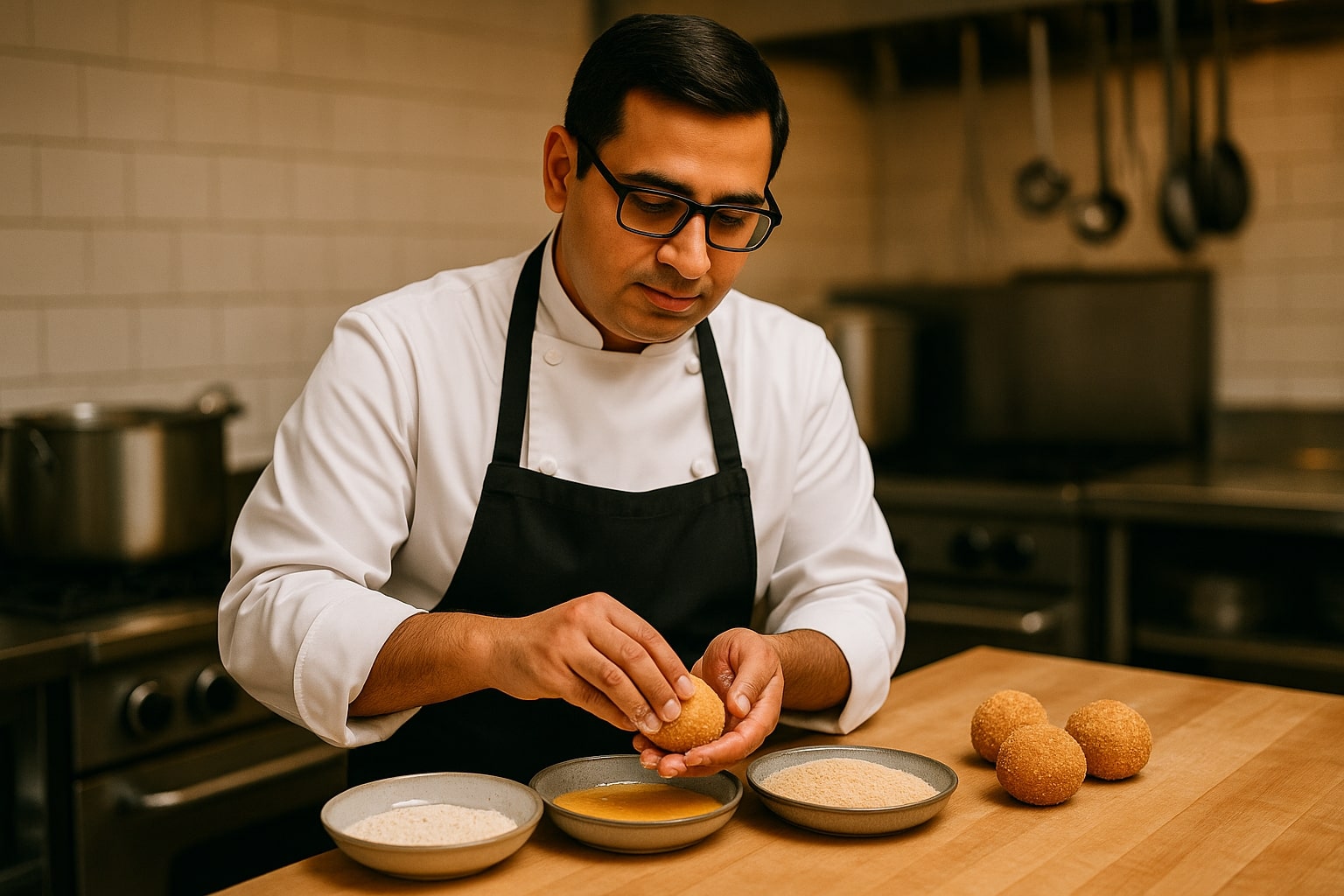 Chef Eric preparing birria bombs in a professional kitchen, wearing a white chef coat and black apron, focused on assembling the ingredients at a stainless steel workstation